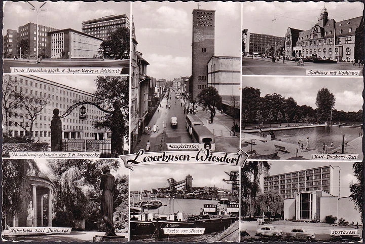 AK Leverkusen Wiesdorf, Rathaus, Hauptstraße, Sparkasse, Verwaltungsgebäude, gelaufen 1958