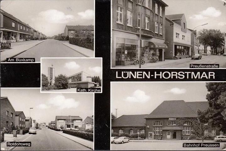 AK Lünen Horstmar, Rotdornweg, Preussenstraße, Bahnhof, Bäckerei, gelaufen 1976