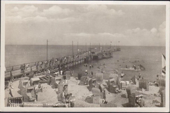 AK Brunshaupten, Landungsbrücke, Strand, Strandkörbe, Bahnpost, gelaufen 1932