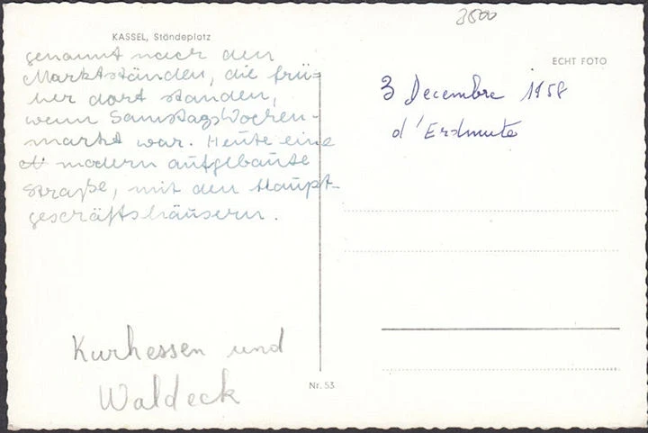 AK Kassel, Ständeplatz, VW Käfer, ungelaufen-datiert 1958