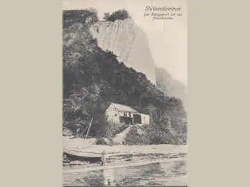AK Stubbenkammer, Der Königsstuhl mit den Fischerhütten, gelaufen 1906