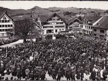 AK Appenzell, Landsgemeinde auf dem Marktplatz, Garten Wirtschaft, Gasthof Säntis, gelaufen 1958