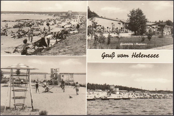 AK Brieskow Finkenheerd, Helenesee, Gaststätte Neptun, Strand, Badegäste, gelaufen