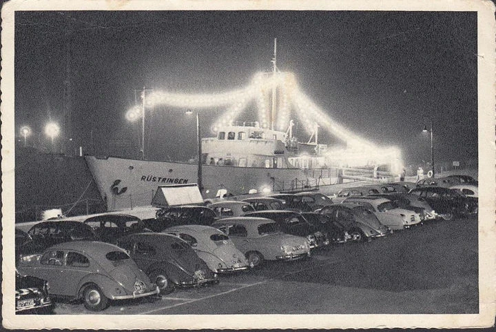 AK Wilhelmshaven, Abendfahrt in See, VW Käfer, Schiff Rüstringen, ungelaufen