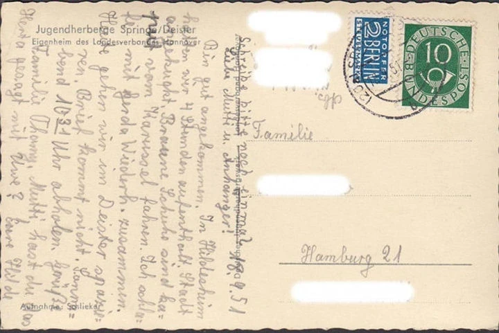 AK Springe Deister, Jugendherberge, gelaufen 1951