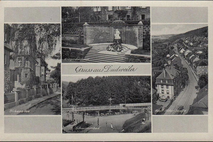 AK Gruss aus Dudweiler, Adolf Hitler Straße, Schwimmbad, Birkenallee, Denkmal, ungelaufen