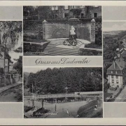 AK Gruss aus Dudweiler, Adolf Hitler Straße, Schwimmbad, Birkenallee, Denkmal, ungelaufen