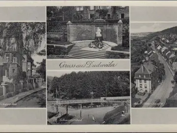 AK Gruss aus Dudweiler, Adolf Hitler Straße, Schwimmbad, Birkenallee, Denkmal, ungelaufen