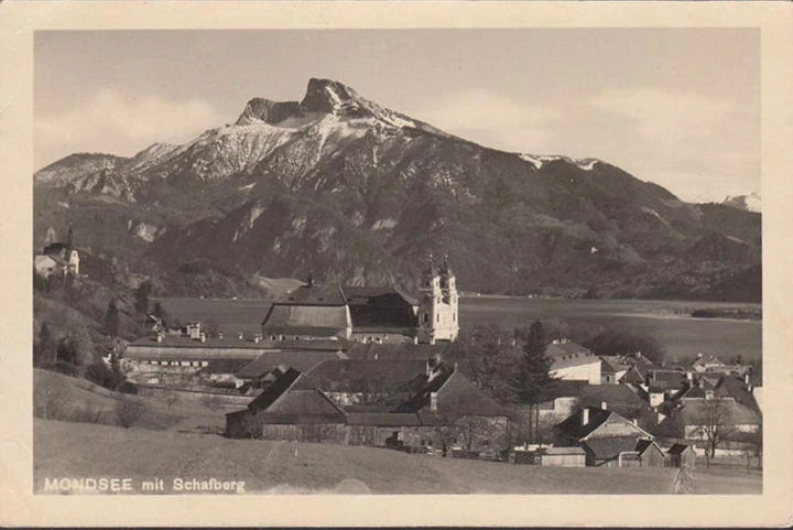 AK Mondsee mit Schafberg, gelaufen 1949