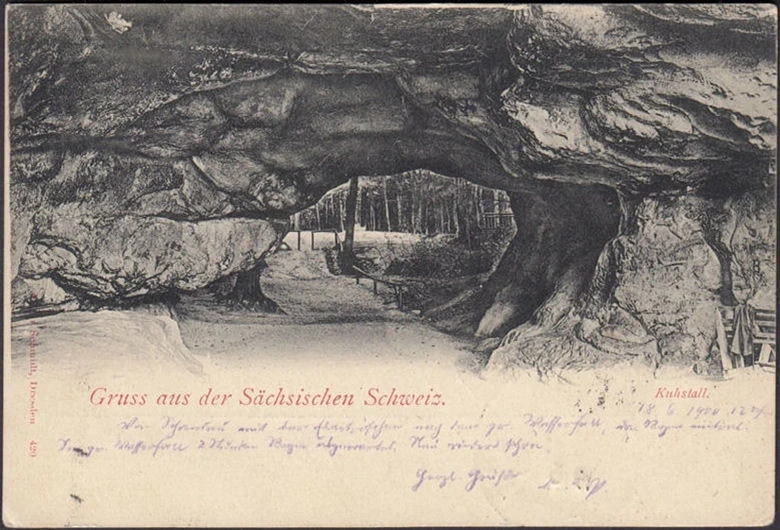 AK Gruss aus der Sächsischen Schweiz, Kuhstall, gelaufen 1900