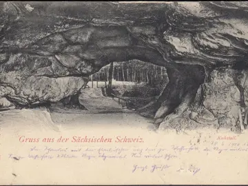 AK Gruss aus der Sächsischen Schweiz, Kuhstall, gelaufen 1900