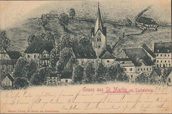 AK Gruss aus St. Martin am Techelsberg, Stadtansicht, Kirche, gelaufen 1899