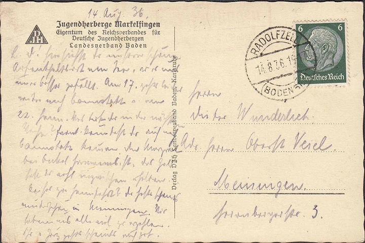 AK Markelfingen, Jugendherberge, gelaufen 1936