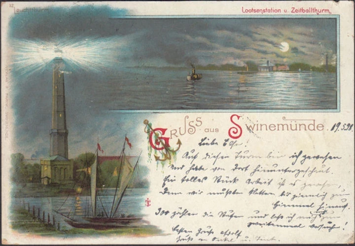 AK Gruss aus Swinemünde, Lotsenstation, Leuchtturm, gelaufen 1898