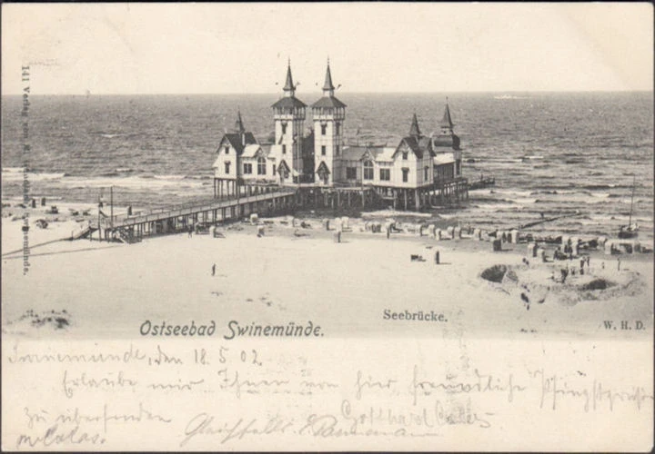 AK Swinemünde, Seebrücke, Strand, Strandkörbe, gelaufen 1902