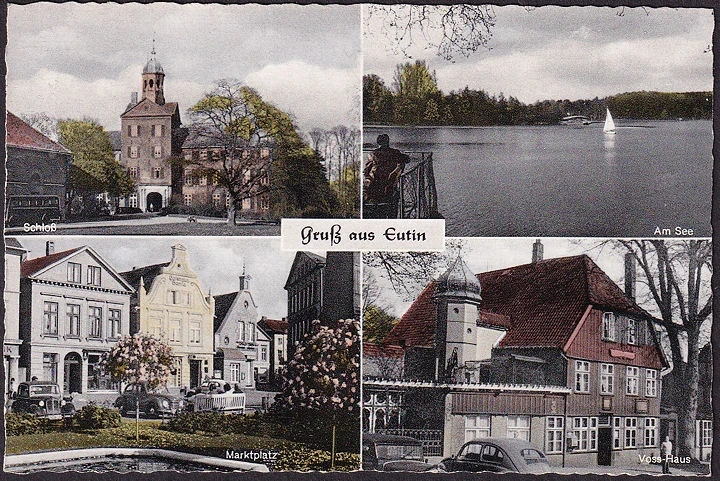 AK Eutin, Voss Haus, Schloss, Marktplatz, Am See, gelaufen 1958