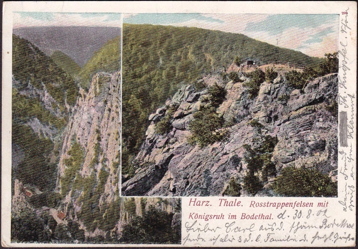 AK Thale, Rosstrappenfelsen mit Königsruh, gelaufen 1902