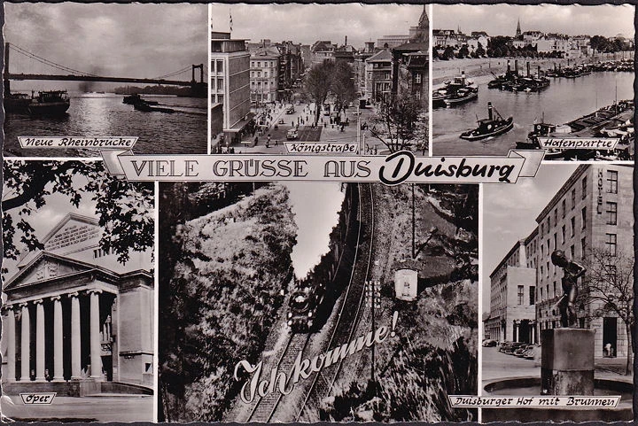 AK Duisburg, Rheinbrücke, Hafenpartie, Königstraße, Oper, gelaufen 1959