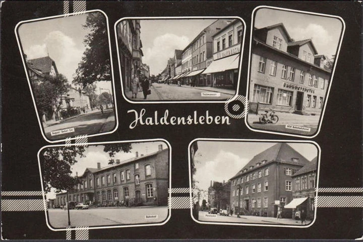 AK Haldensleben, Postamt, Bahnhofshotel, Bahnhof, gelaufen 1966