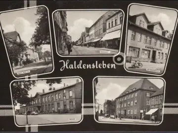 AK Haldensleben, Postamt, Bahnhofshotel, Bahnhof, gelaufen 1966