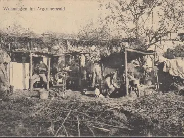 AK Wohnungen Deutscher Soldaten im Argonnerwald, gelaufen 1915