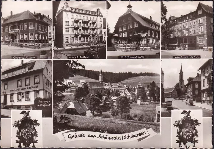 AK Schönwald, Gasthof Falken, Hotel Adler, Hotel Hirschen, Kurhaus Victoria, Gasthof Landpost, gelaufen 1955