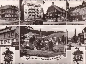 AK Schönwald, Gasthof Falken, Hotel Adler, Hotel Hirschen, Kurhaus Victoria, Gasthof Landpost, gelaufen 1955