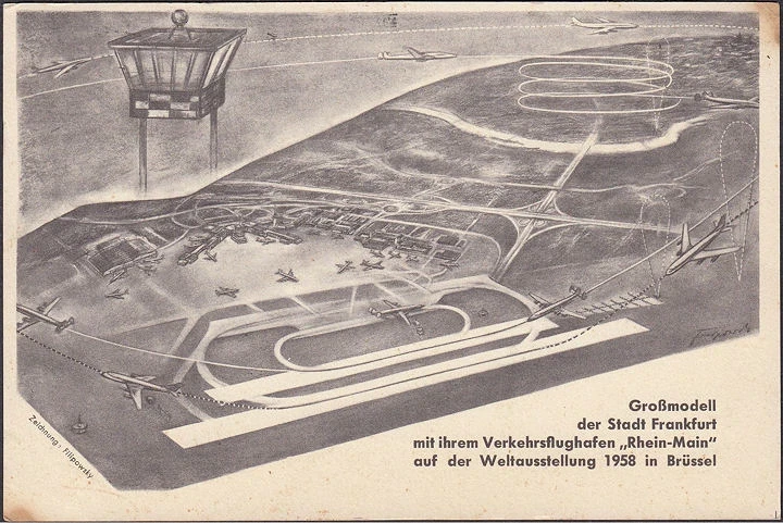 AK Frankfurt a. Main, Großmodell, Verkehrsflughafen, Weltausstellung Brüssel 1958, gelaufen 1958