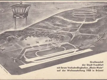 AK Frankfurt a. Main, Großmodell, Verkehrsflughafen, Weltausstellung Brüssel 1958, gelaufen 1958