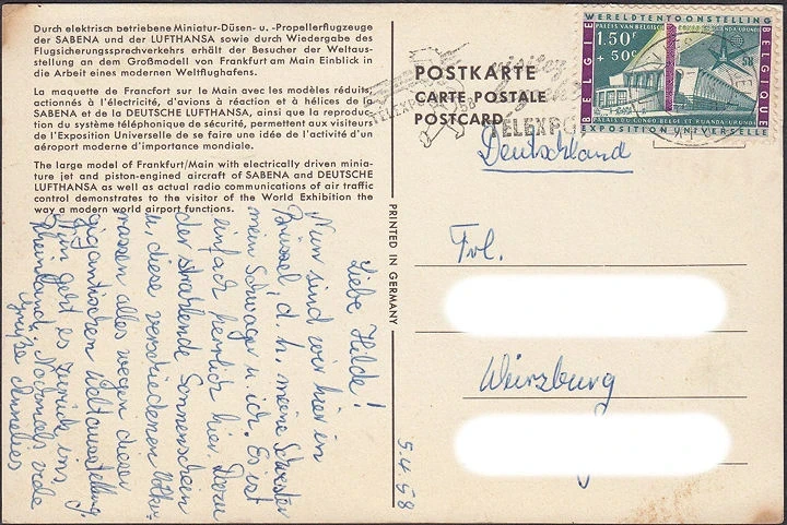 AK Frankfurt a. Main, Großmodell, Verkehrsflughafen, Weltausstellung Brüssel 1958, gelaufen 1958