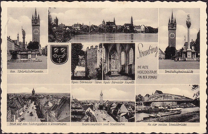 AK Straubing, Brunnen, Säule, Ludwigsplatz, Theresienplatz, gelaufen 1954