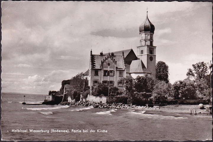 AK Halbinsel Wasserburg, Partie bei der Kirche, gelaufen 1958