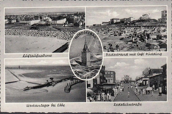 AK Wangerooge, Zedeliusstraße, Fliegeraufnahme, Westanleger, Strand, gelaufen 1957