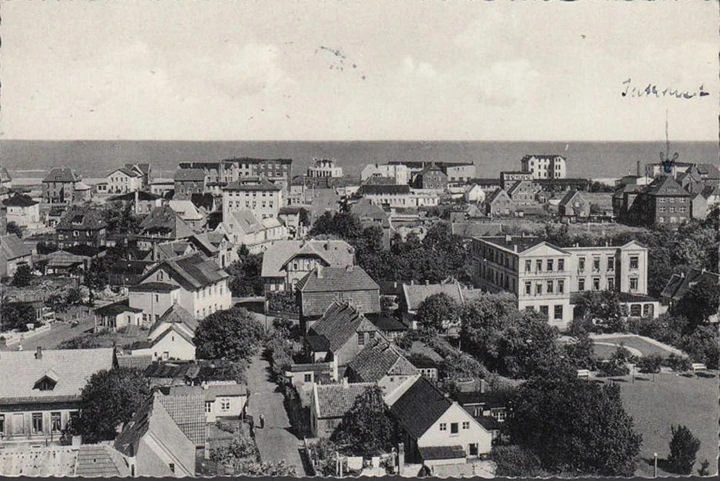 AK Wangerooge, Blick vom Leuchtturm, Stadtansicht, gelaufen 1956