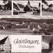 AK Geislingen, Schwimmbad, Dorfpartie, Pfarrhaus, gelaufen 1959