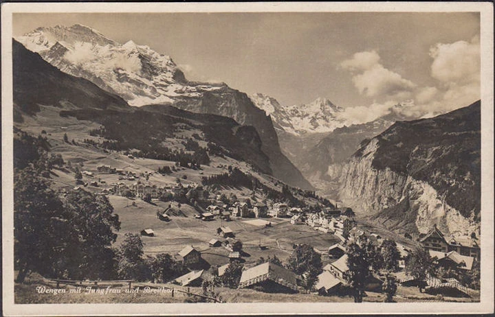 AK Wengen mit Jungfrau und Breithorn, gelaufen 1929