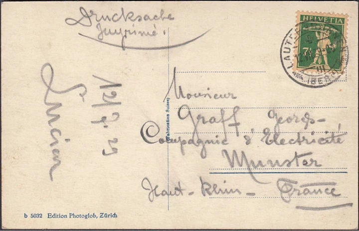 AK Wengen mit Jungfrau und Breithorn, gelaufen 1929