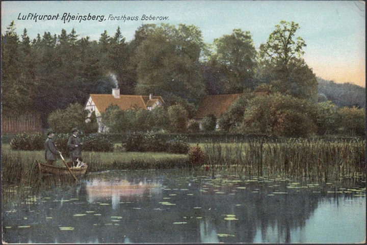 AK Rheinsberg, Forsthaus Boberow, Ruderbootr mit Entenjägern, gelaufen 1906