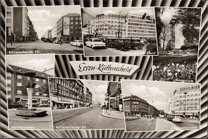 AK Essen, Lüttenscheider Straße, Grugaturm, Marktbrunnen, Zweigerstraße, gelaufen 1980