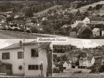 AK Riedelbach, Rathaus, Schule, Cafe und Restaurant Lohnstein, gelaufen 1960