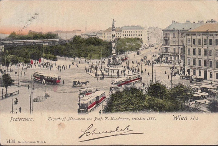 AK Wien, Praterstern, Tegetthoff Monument, Straßenbahnen, gelaufen 1905