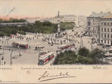 AK Wien, Praterstern, Tegetthoff Monument, Straßenbahnen, gelaufen 1905