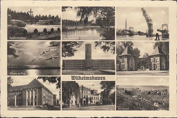 AK Wilhelmshaven, Heldenfriedhof, Marine Stationsgebäude, Hitler Tor, Rathaus, ungelaufen