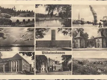 AK Wilhelmshaven, Heldenfriedhof, Marine Stationsgebäude, Hitler Tor, Rathaus, ungelaufen