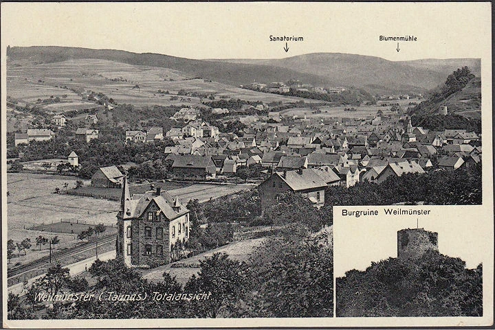 AK Weilmünster, Sanatorium, Burgruine, Kirche, gelaufen 1934