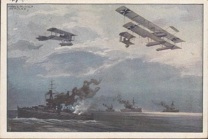 AK Waffenflugzeuge über der englischen Flotte, Künstler H.R. Schulze, gelaufen 1915