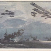 AK Waffenflugzeuge über der englischen Flotte, Künstler H.R. Schulze, gelaufen 1915