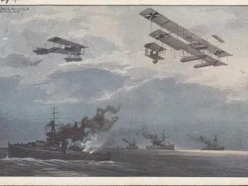 AK Waffenflugzeuge über der englischen Flotte, Künstler H.R. Schulze, gelaufen 1915