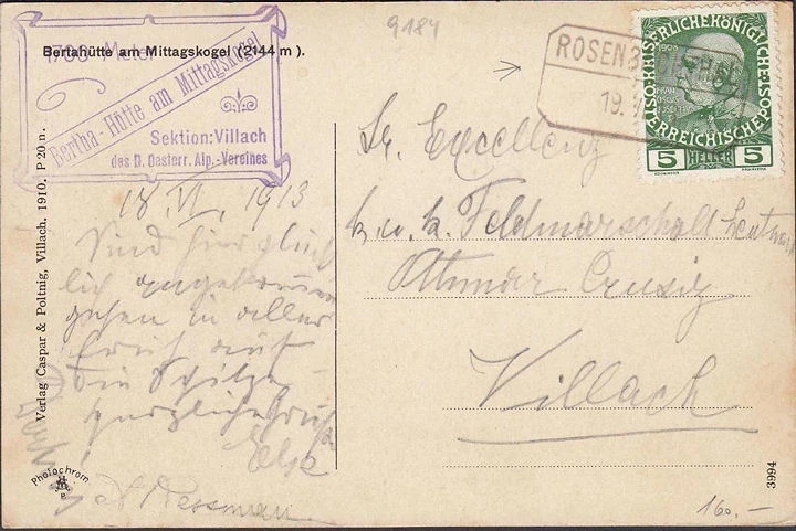 AK Kärnten, Bertahütte am Mittagskogel, gelaufen 1913