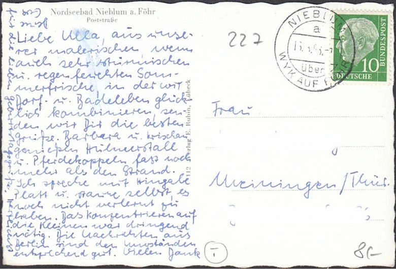 AK Nieblum auf Föhr, Poststraße, Reetdachhäuser, gelaufen 1958